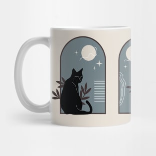 Three minimalist black cats with plants in boho vintage style Mug